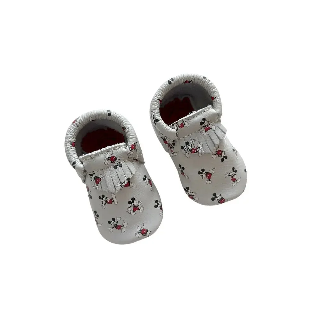 Freshly Picked Baby Moccasins - White with Red Accents & Black Disney Print